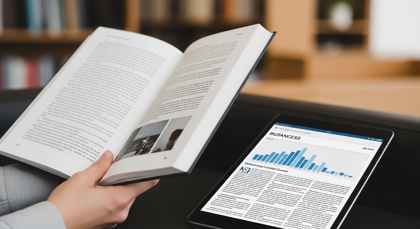 책과 태블릿을 통해 경제 뉴스를 읽으며 지식에 투자하는 손.