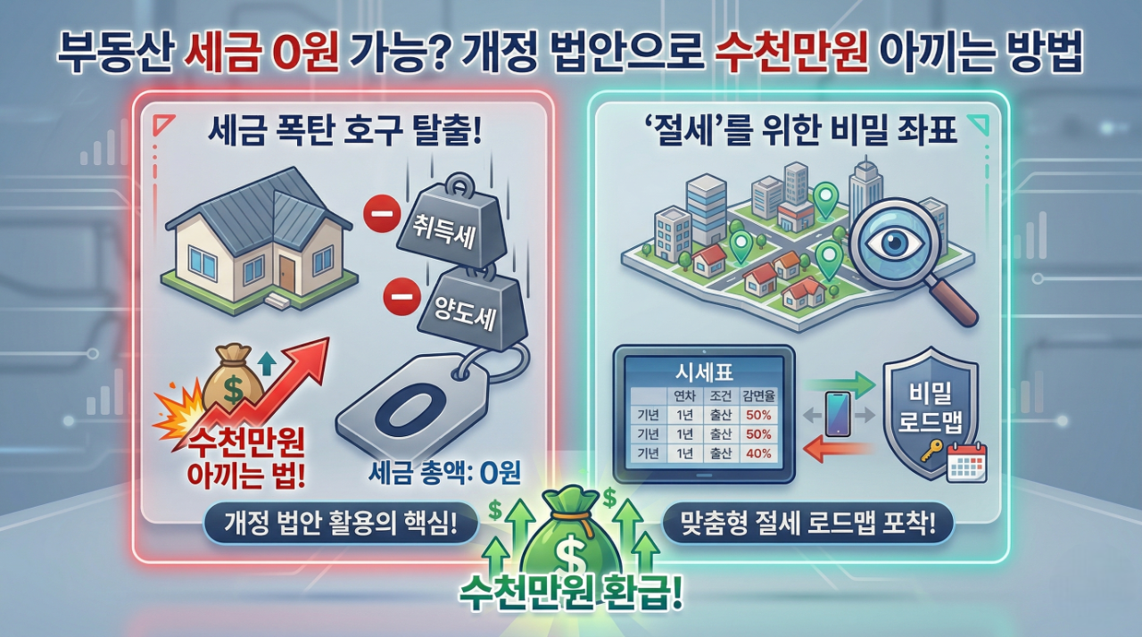 부동산 세금 0원 만드는 법 인포그래픽: 출산 가구 취득세 500만원 감면, 종부세 12억 상향, 월세 17% 환급 등 개정 부동산 법안 핵심 요약 및 절세 시뮬레이션