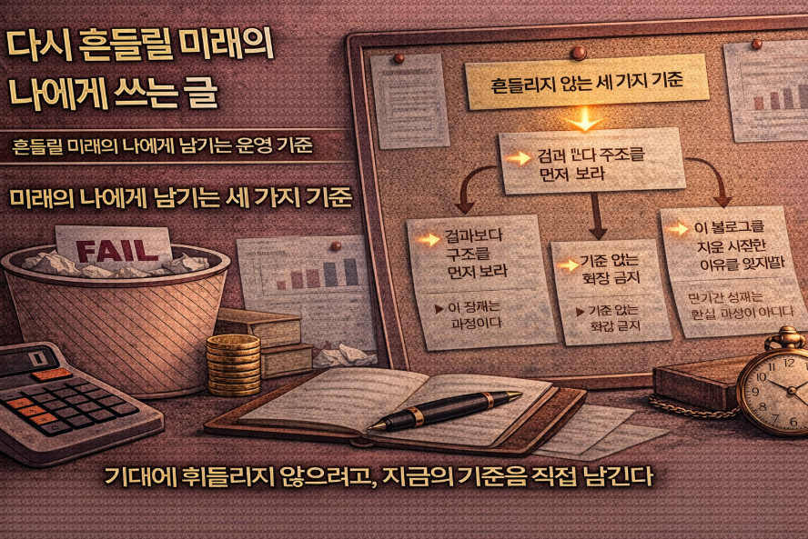 미래의 자신에게 남기는 블로그 운영 기준 세 가지를 정리한 이미지, 구조·기준·확장 제한 원칙을 시각화한 체크리스트 일러스트