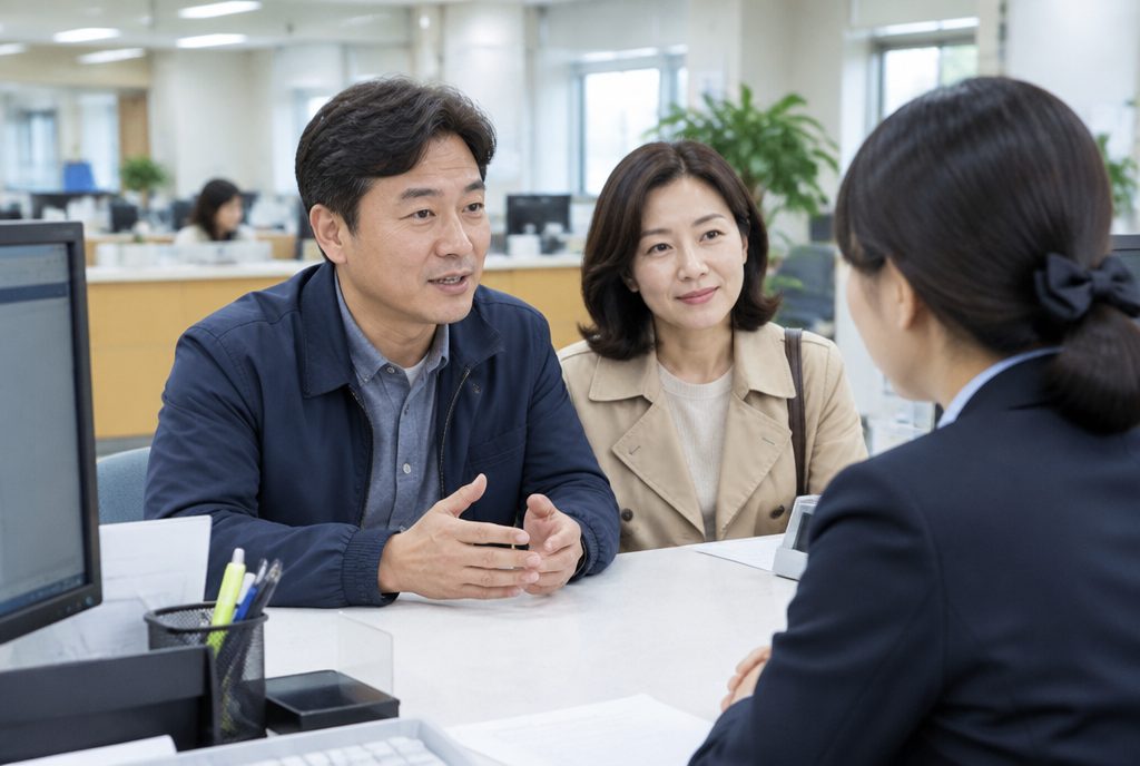 상병수당 시범사업 신청 상담을 받는 부부
