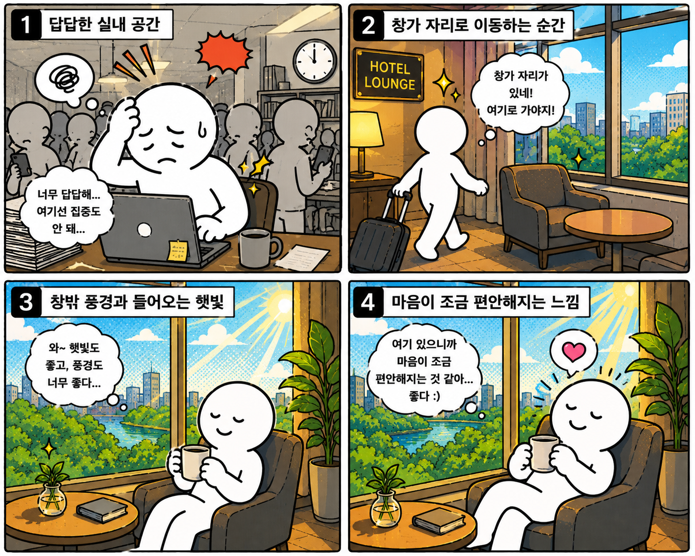 답답한 실내에서 창가자리에서의 편안함