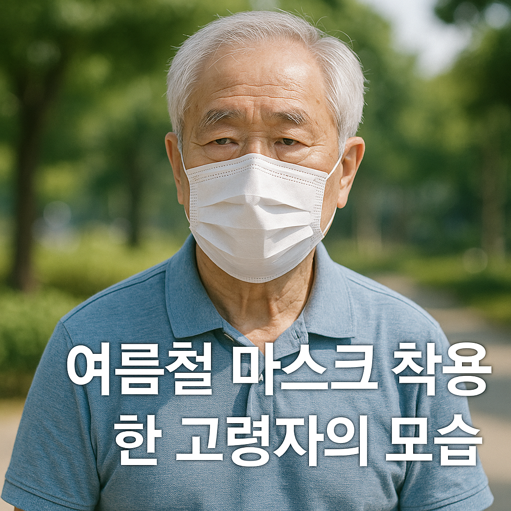 여름철 마스크를 착용한 고령 한국 남성의 실사 이미지와 설명 문구