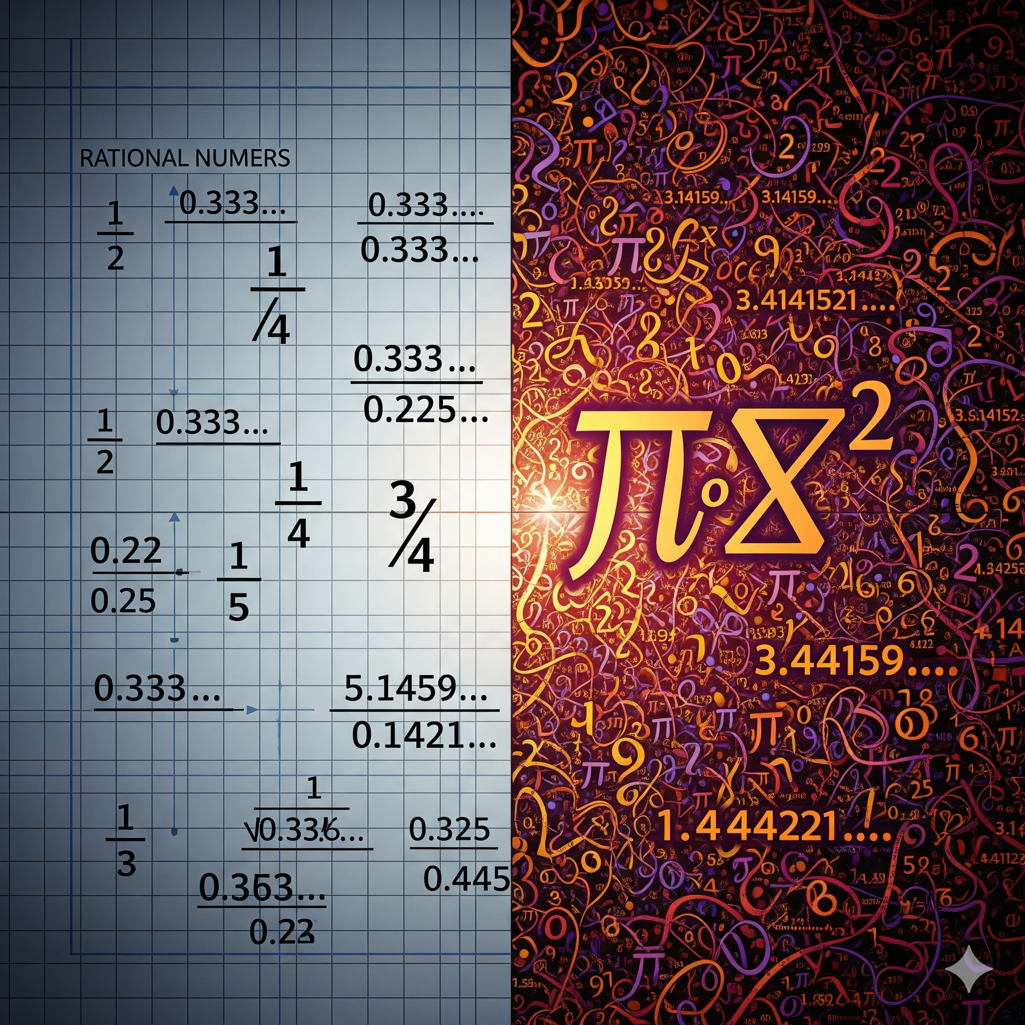 유리수 (Rational Numbers)
영어 표기:rational number
어원: 라틴어 ratio (비율, 비례) → "비로 나타낼 수 있는 수"
정의: 정수의 비(분수)로 표현 가능한 수
예시: 1, -3, 0.5, ⅔, -8, 0.333... (유한소수 또는 순환소수 포함)
무리수 (Irrational Numbers)
영어 표기:irrational number
어원:in- (not) + rational → "유리하지 않은 수"
정의: 정수의 비로 표현할 수 없는 수
즉, 분수 형태로 정확하게 나타낼 수 없는 수
소수로 표현하면 무한히 계속되며, 반복되지 않음
예시: √2, π, e, √3, φ (황금비) 등, 1.4142135… (끝없이 가고, 반복 없음)