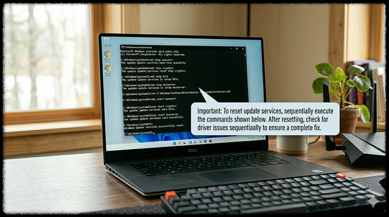 명령 프롬프트에서 Windows 업데이트 캐시를 초기화하는 모습