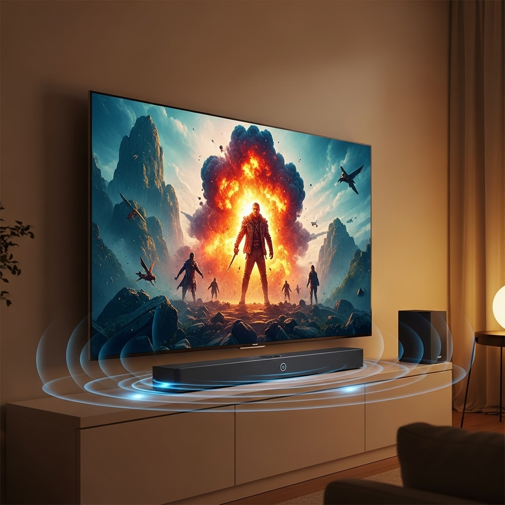 거실 TV 아래에 놓인 세련된 사운드바에서 풍성한 음향이 퍼져나가는 모습. 영화가 재생되는 TV 화면과 조화롭게 어우러져 몰입감 있는 홈 엔터테인먼트 환경을 보여줍니다.