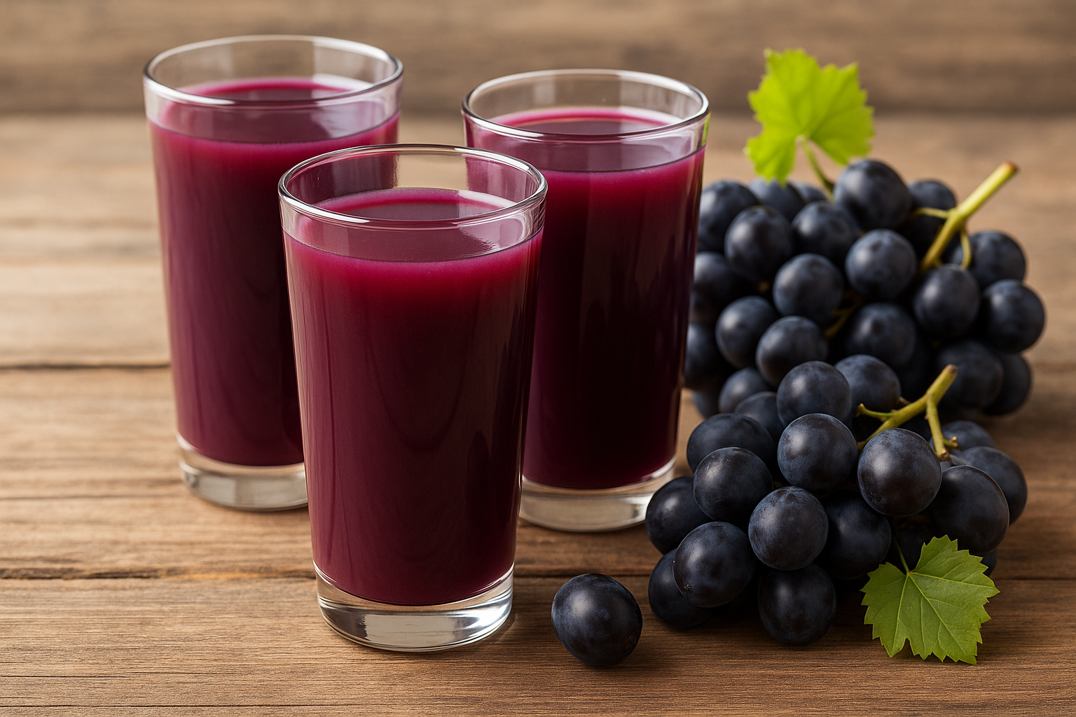 세 잔의 포도즙과 포도송이가 놓인 나무 테이블