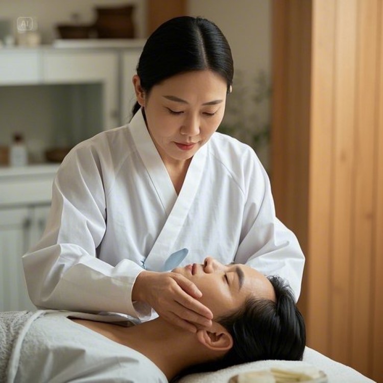 깔끔한 한국 전통 미용실 내부에서 전문 테라피스트가 고객의 얼굴을 마사지하고 있는 모습. 따뜻한 조명과 편안한 분위기의 관리실, 고객은 편안한 표정으로 눈을 감고 있고, 테라피스트는 집중된 표정으로 경락 마사지를 시행하고 있는 장면.