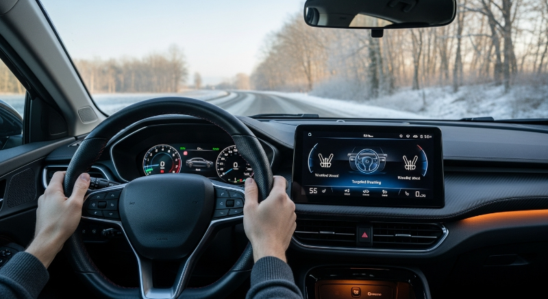 전기차 운전자가 열선 스티어링 휠을 잡고 있는 모습. 대시보드는 열선 시트 및 열선 핸들 사용을 보여주며 겨울철 효율적인 난방을 나타냅니다.