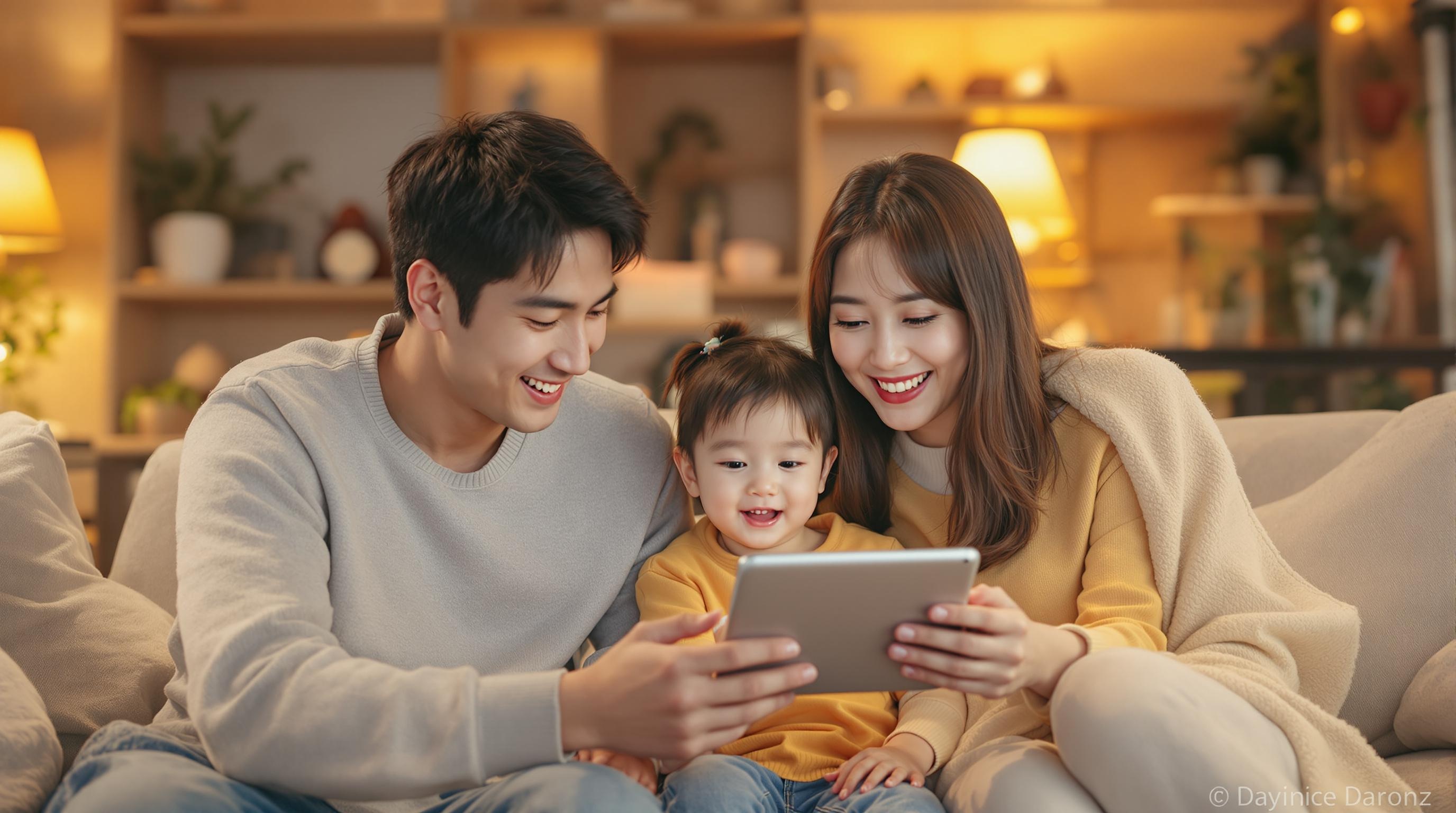 거실엣거 함께 태블릿을 보는 가족