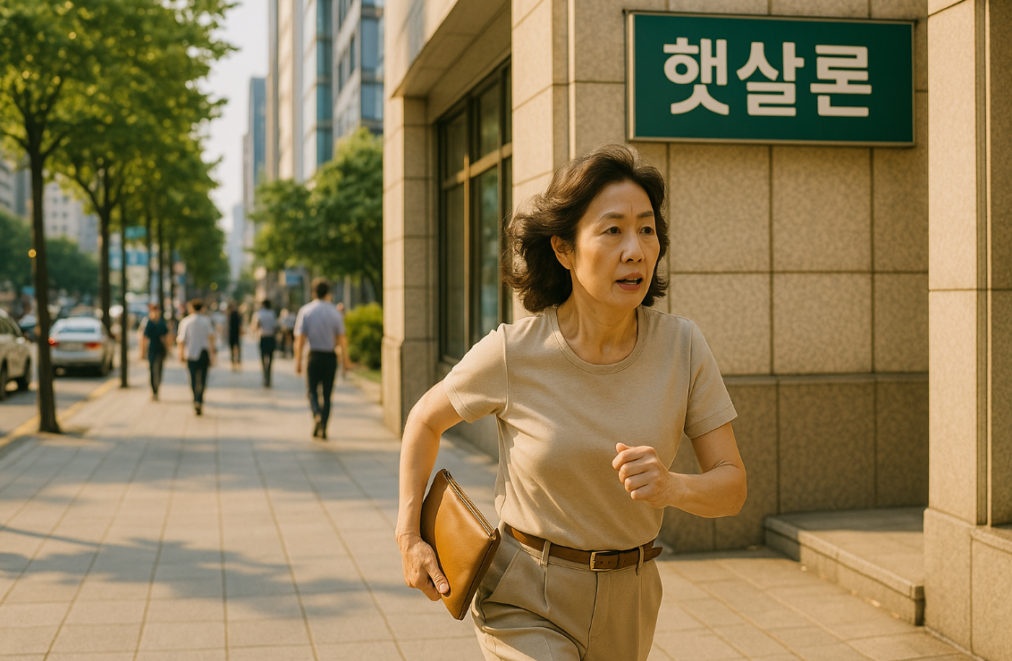 대출 가능한 금융기관을 찾은 중년 여성의 모습