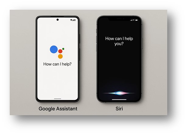 스마트폰의 대표 음성비서 역할을 하는 구글의 어시스턴트과 아이폰의 시리의 음성명령을 기다리는 첫 화면