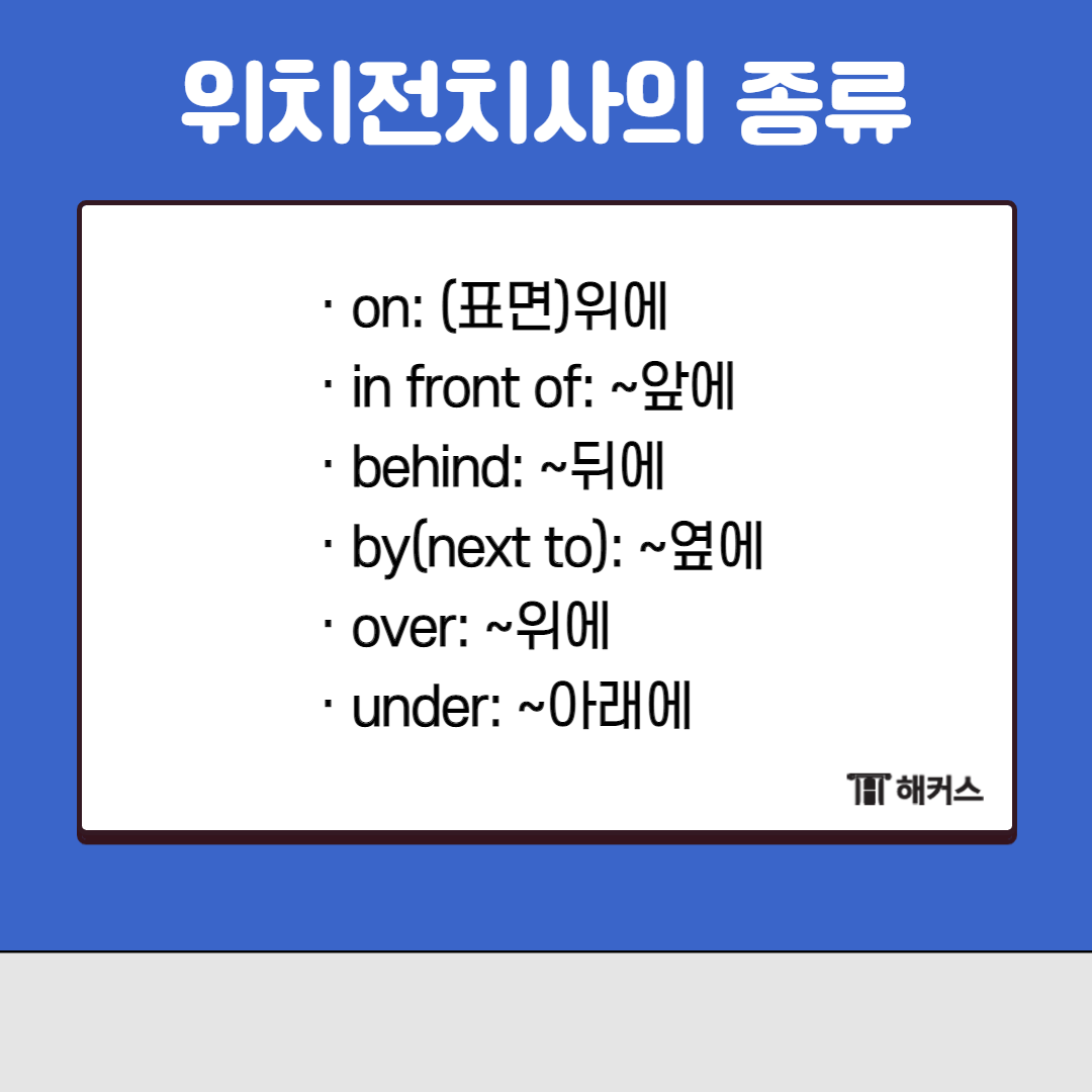 on: (표면)위에
in front of: ~앞에
behind: ~뒤에
by(next to): ~옆에
over: ~위에
under: ~아래에