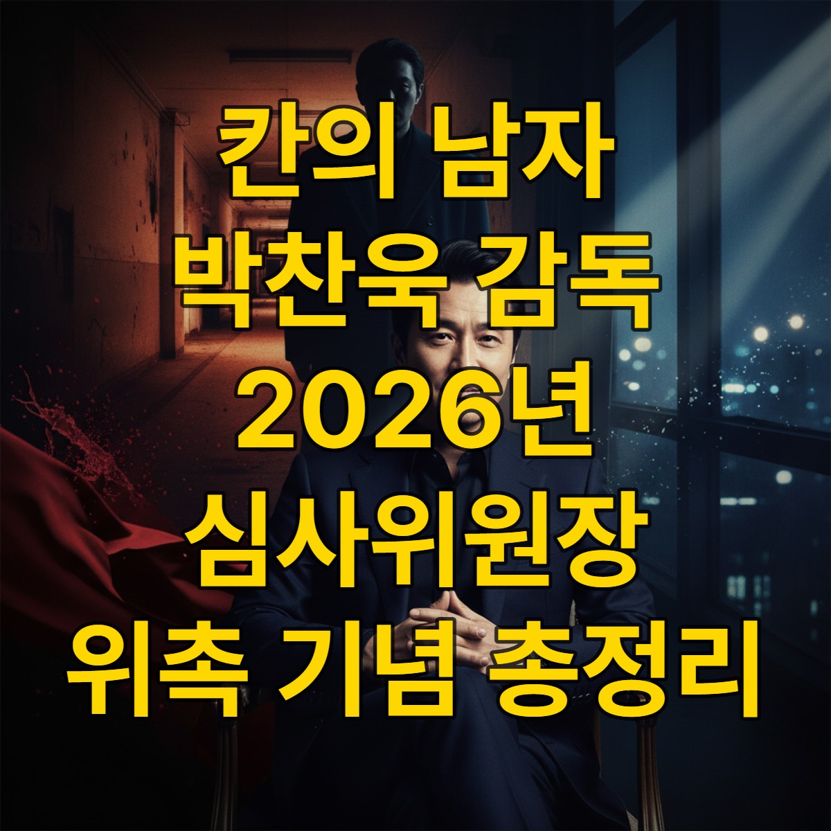 박찬욱 감독의 칸 영화제 심사위원장 위촉을 기념하며, 그의 대표작 미장센이 배경에 은은하게 녹아든 카리스마 넘치는 초상화.