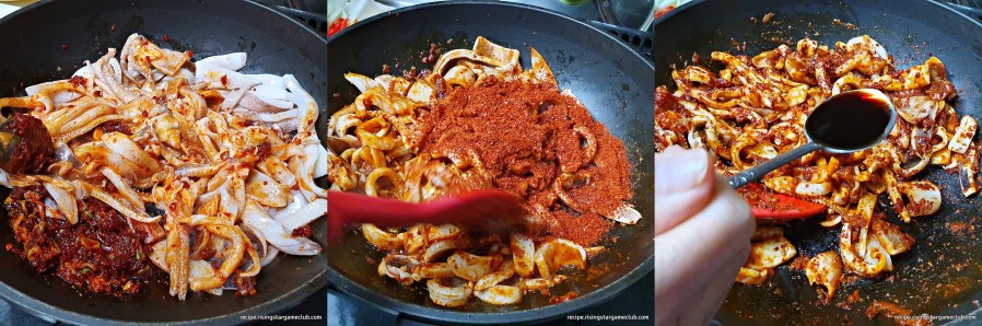 맛있는 오징어볶음을 하기 위해서 준비된 고추기름 위에 오징어, 고추가루, 간장을 넣는 사진