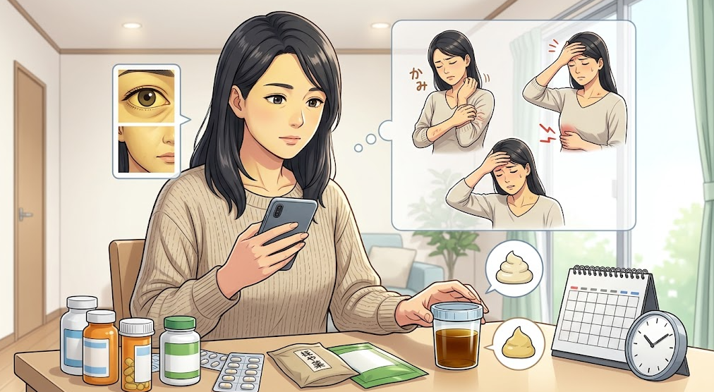 진료 전 스마트폰의 증상 사진, 복용 중인 약과 건강기능식품, 소변&middot;대변 색 변화 및 동반 증상 기억을 정리하는 모습의 메디컬 일러스트