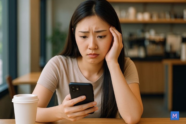 소상공인 정책자금 대출 거절 통보를 받고 걱정하는 여성 사업자가 카페에서 스마트폰을 보며 고민하는 모습 via canva