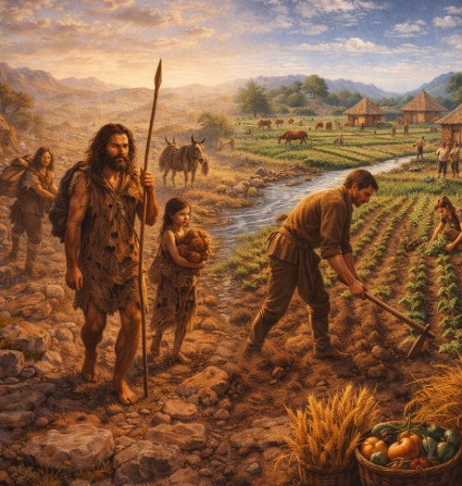 인간이 이동 중심의 생활 방식에서 벗어나 정착을 선택하며 농경과 공동체 중심의 삶으로 전환해 간 행동 변화를 설명합니다.