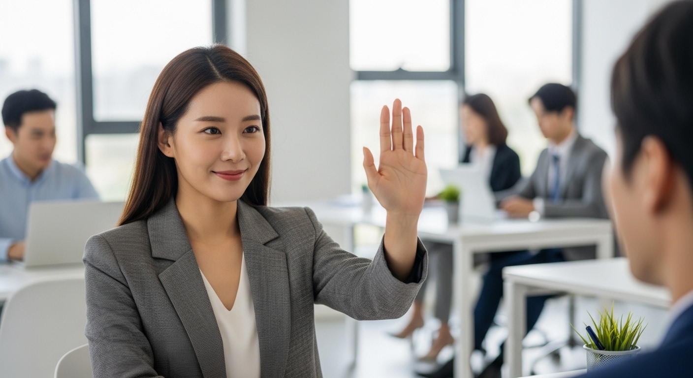 한국인 여성이 사무실에서 미소를 띠고 정중하게 업무 요청을 거절하며 경계를 설정하는 모습