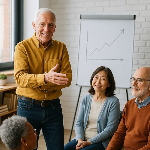 사업 프레젠테이션을 하고 있는 노인의 모습