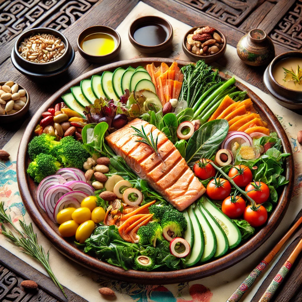 연어, 양파, 방울토마토, 당근 등의 건강한 먹거리