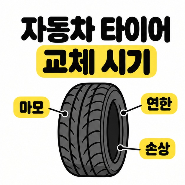 자동차 타이어 교체 시기 제목 아래 타이어 그림에 마모, 연한, 손상 세 기준을 연결한 카드.