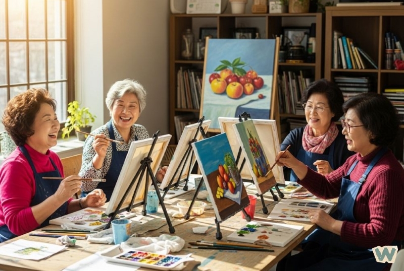 밝게 웃으며 그림을 그리는 중년 여성 모임 via canva