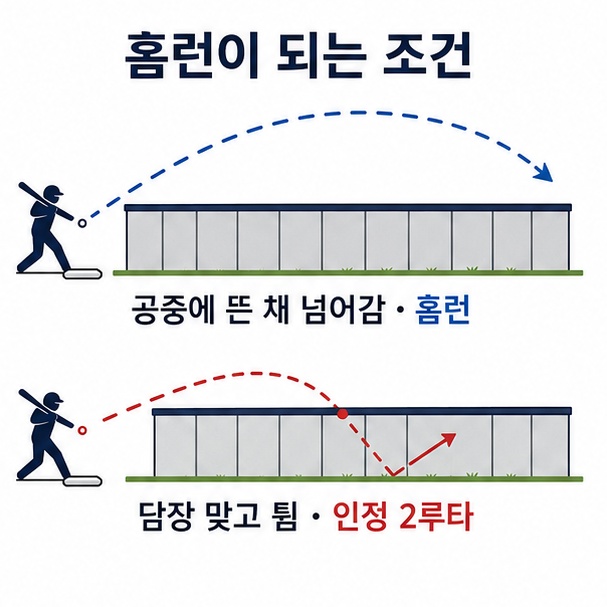 홈런 인정 조건 비교, 공중에 뜬 채 담장을 넘으면 홈런, 담장을 맞고 튀면 인정 2루타가 되는 과정을 그린 단면도