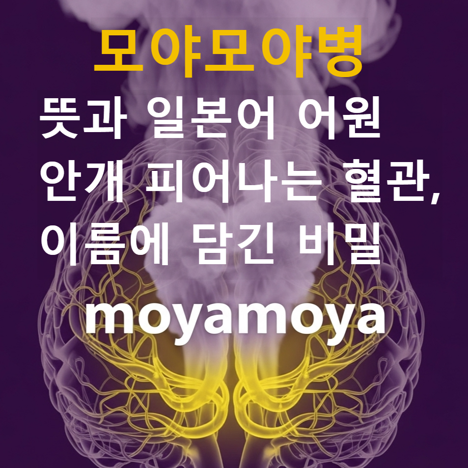 안개처럼 희뿌옇게 보이는 뇌혈관과 뇌를 배경으로, 모야모야병의 신비로운 이름의 의미를 시각적으로 표현한 이미지