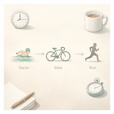 책상 위에 놓인 철인3종 훈련 일정 일러스트로, 수영&middot;사이클&middot;러닝 아이콘이 화살표로 연결된 미니멀한 구성