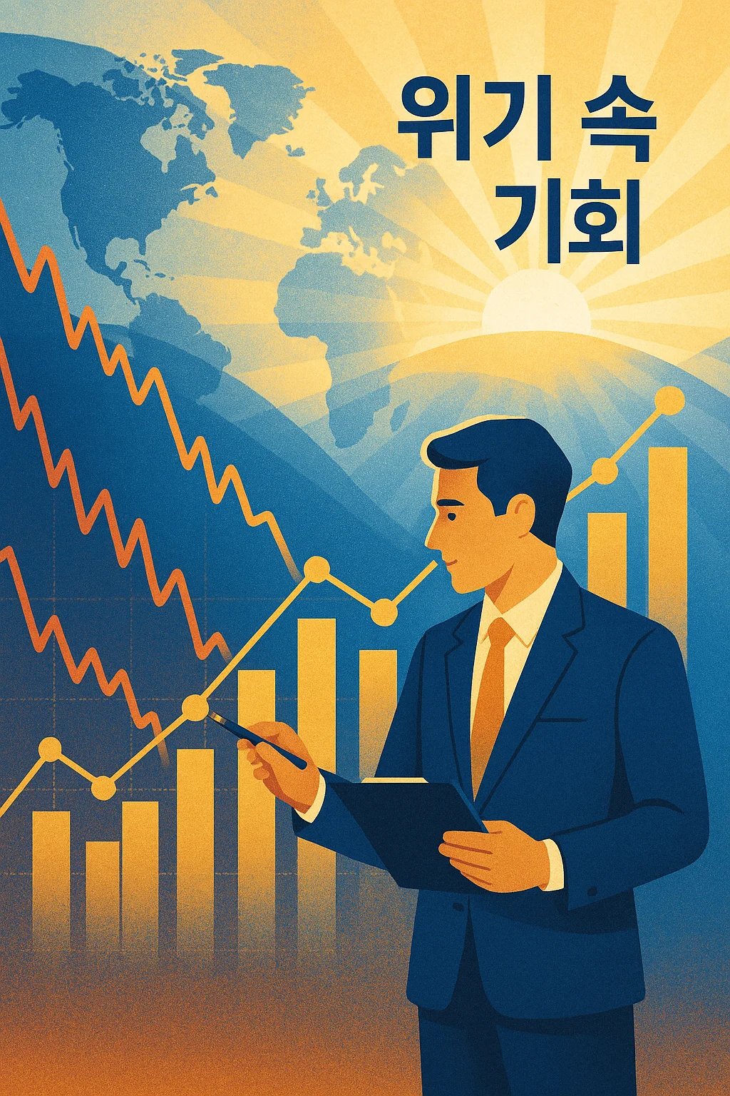 “폭락한 주식 그래프 뒤로 떠오르는 햇살, 세계 지도와 투자자가 차트를 분석하는 모습, ‘위기 속 기회’라는 개념을 담은 긍정적 분위기의 일러스트, 파란색과 금색 포인트, 부드러운 조명