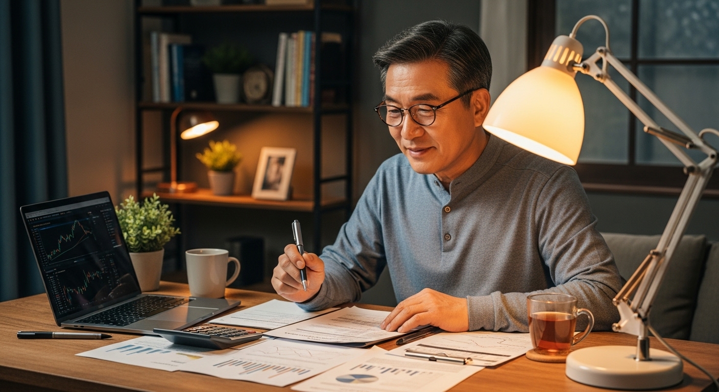 은퇴설계 서류를 검토하는 50대 후반 남성