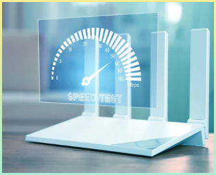 라우터와 공유기, 노트북 같이 얇은 라우터 이미지. 속도를 측정하는 시각적 이미지를 포함한다.