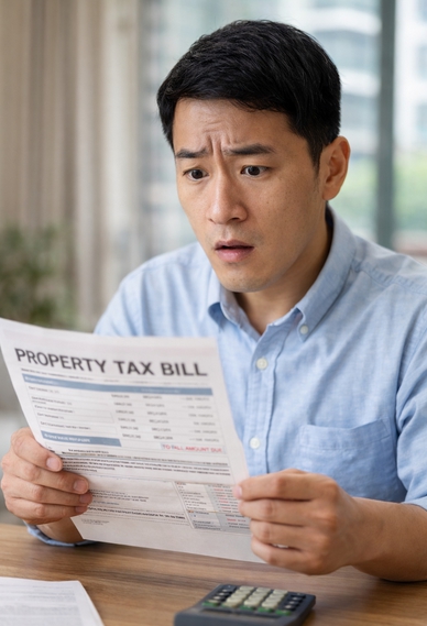 세금 고지서를 보며 예상보다 높은 금액에 당황하는 모습