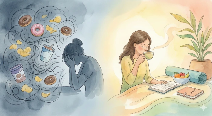 왼쪽의 어두운 회색빛 배경에는 머리를 감싸 쥐고 괴로워하는 여성 주변으로 도넛, 과자, 아이스크림 등이 소용돌이치며 '감정적 식사'를 나타내고 있습니다. 반면 오른쪽의 따뜻한 노란빛 배경에는 편안한 표정으로 차를 마시며 독서하는 여성 곁에 과일, 요가 매트, 일기장이 놓여 있어 '감정적 허기를 건강하게 다스리는 방법'을 대조적으로 보여주는 수채화풍 일러스트입니다.