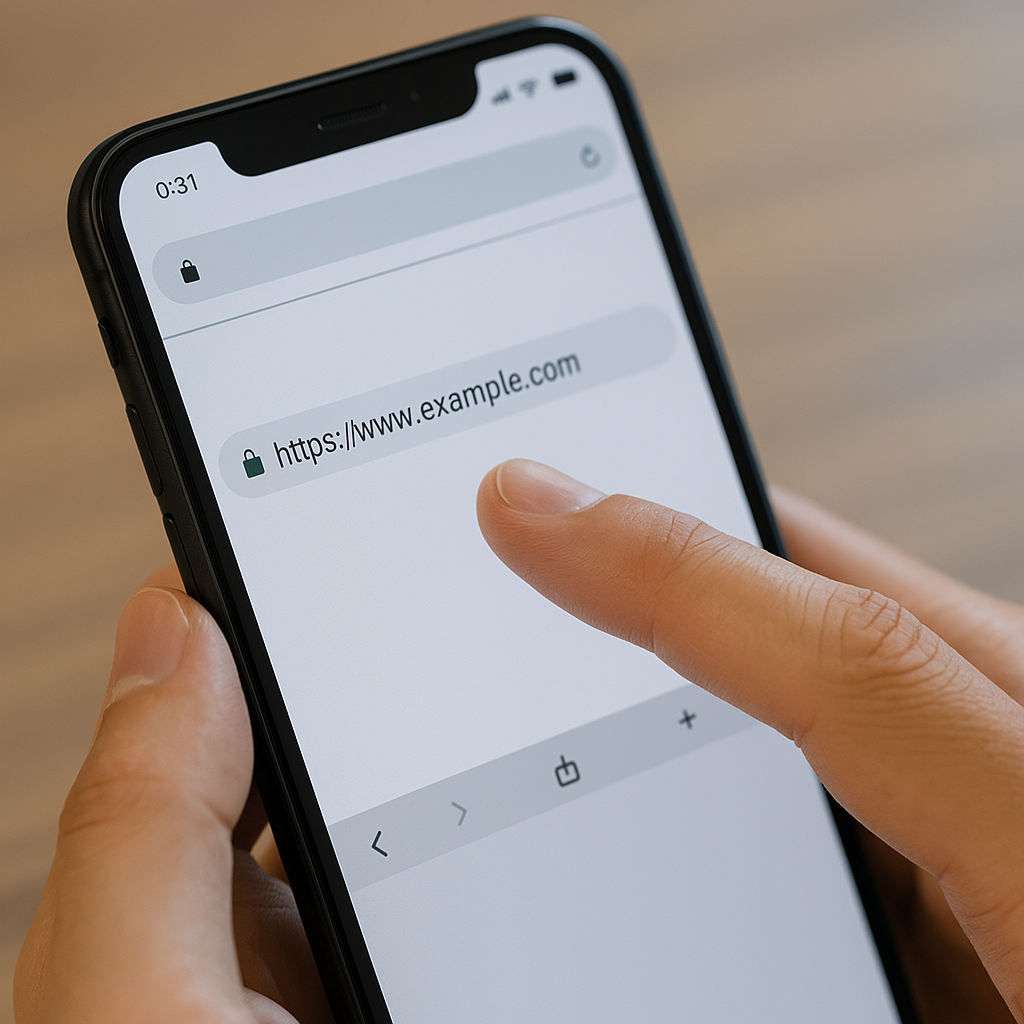브라우저 주소창에서 도메인 진위를 손가락으로 가리키는 장면