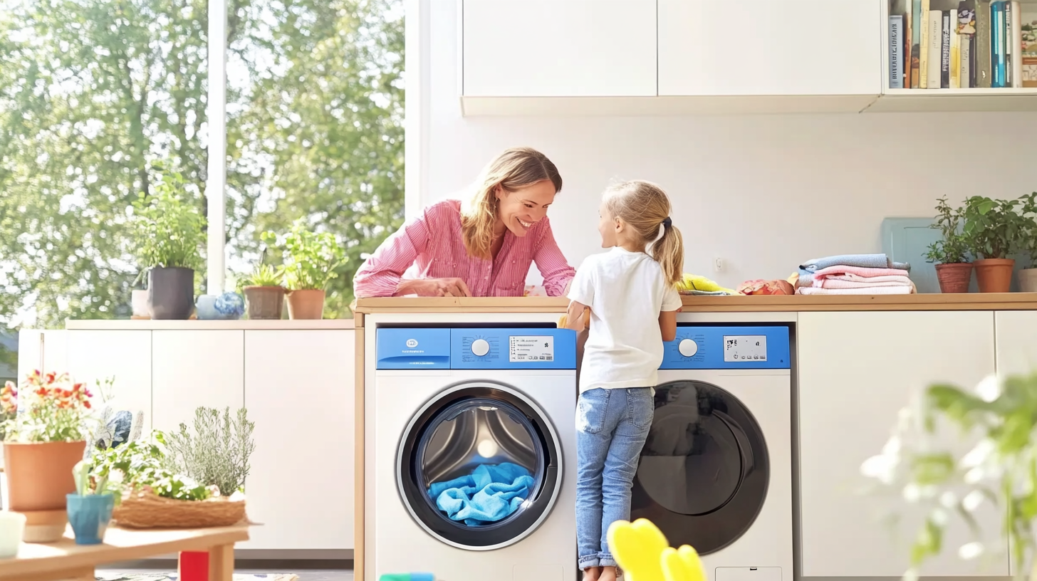 가족이 최신 세탁기와 건조기를 사용하며 편리함을 경험하는 모습으로, 즐거운 표정이 아늑한 집안 환경과 잘 어우러짐.