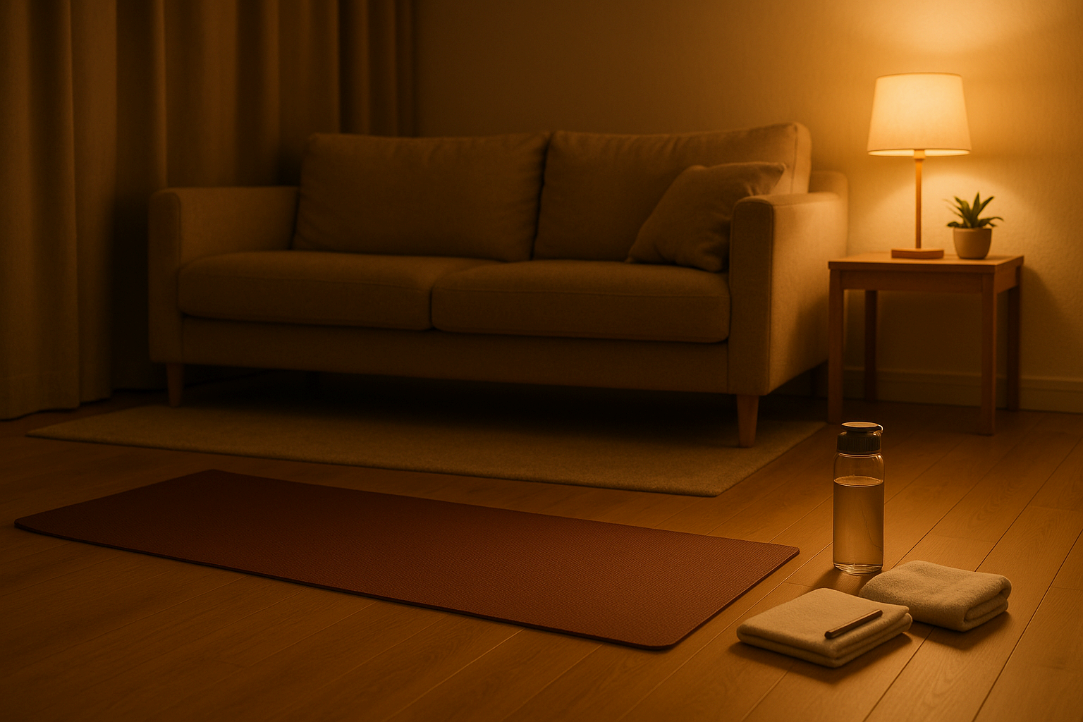 따뜻한 조명이 켜진 거실에 요가 매트와 수건이 놓인 스트레칭 공간"