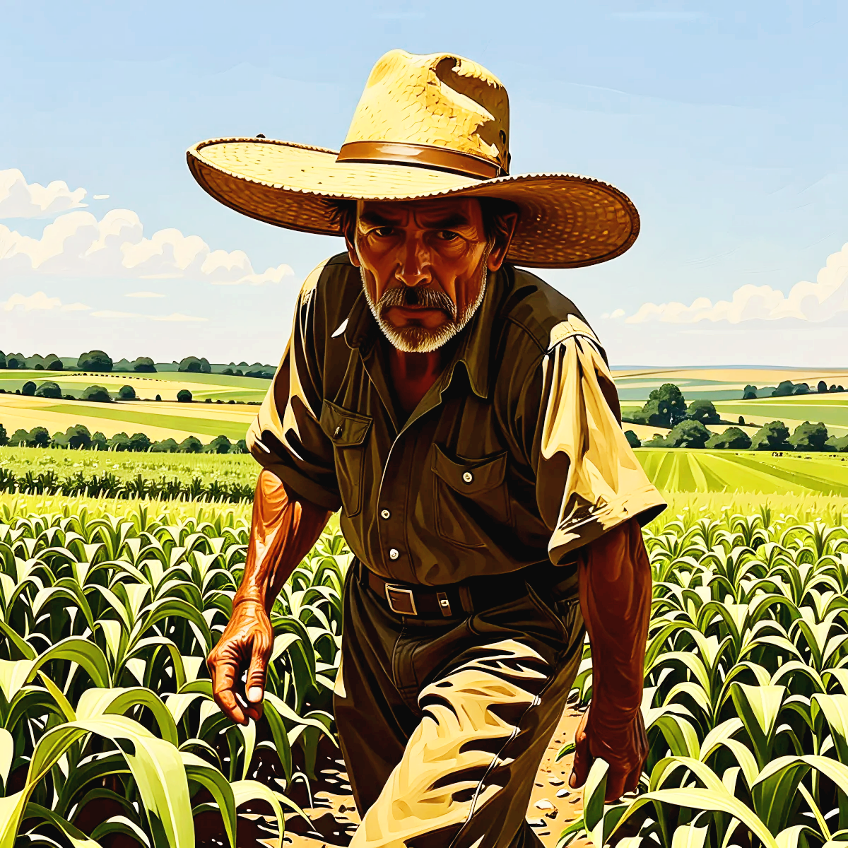 넓은 땅을 힘겹게 걷고 있는 농부의 모습