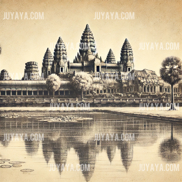 캄보디아 시엠레아프의 앙코르와트를 부드러운 연필 터치로 그린 스케치 이미지.