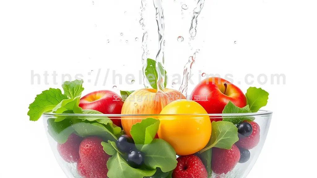 깨끗한 주방 싱크대에서 싱싱한 과일과 채소를 흐르는 물에 씻고 있는 모습.