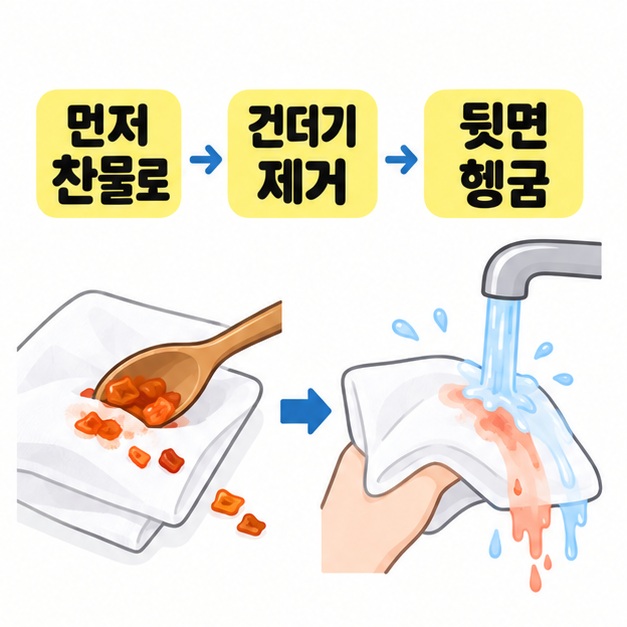 숟가락으로 흰 천의 김치 건더기를 걷어 내는 장면과 수도 아래에서 천을 헹구는 장면을 화살표로 연결한 그림