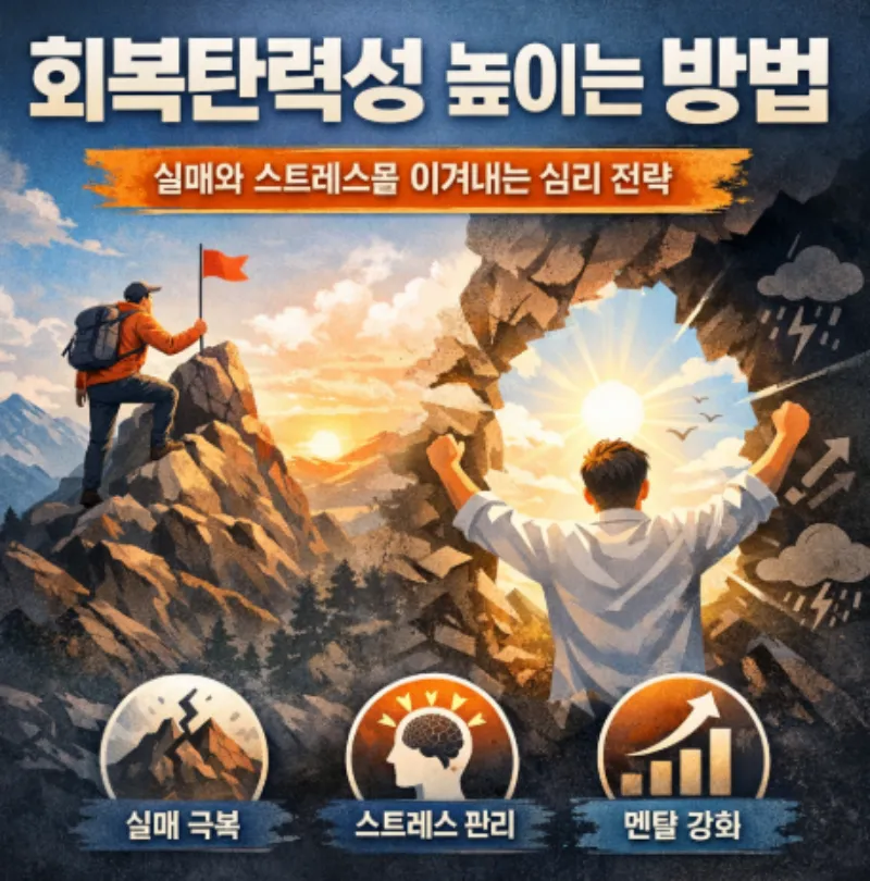 회복탄력성을 높이는 방법을 설명하는 심리학 개념 이미지, 실패를 극복하고 멘탈을 강화하는 과정