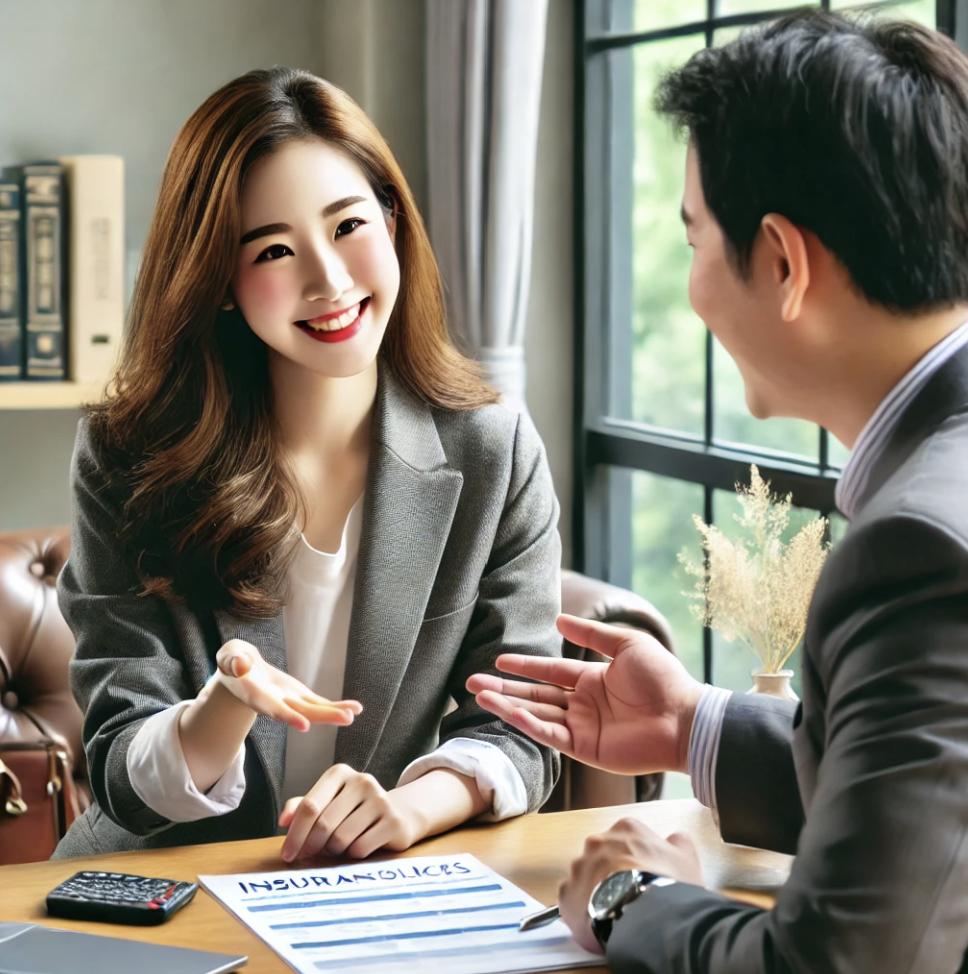 보험 담당자와 함께 보험 정책에 대해 상담하고 있는 대표의 모습