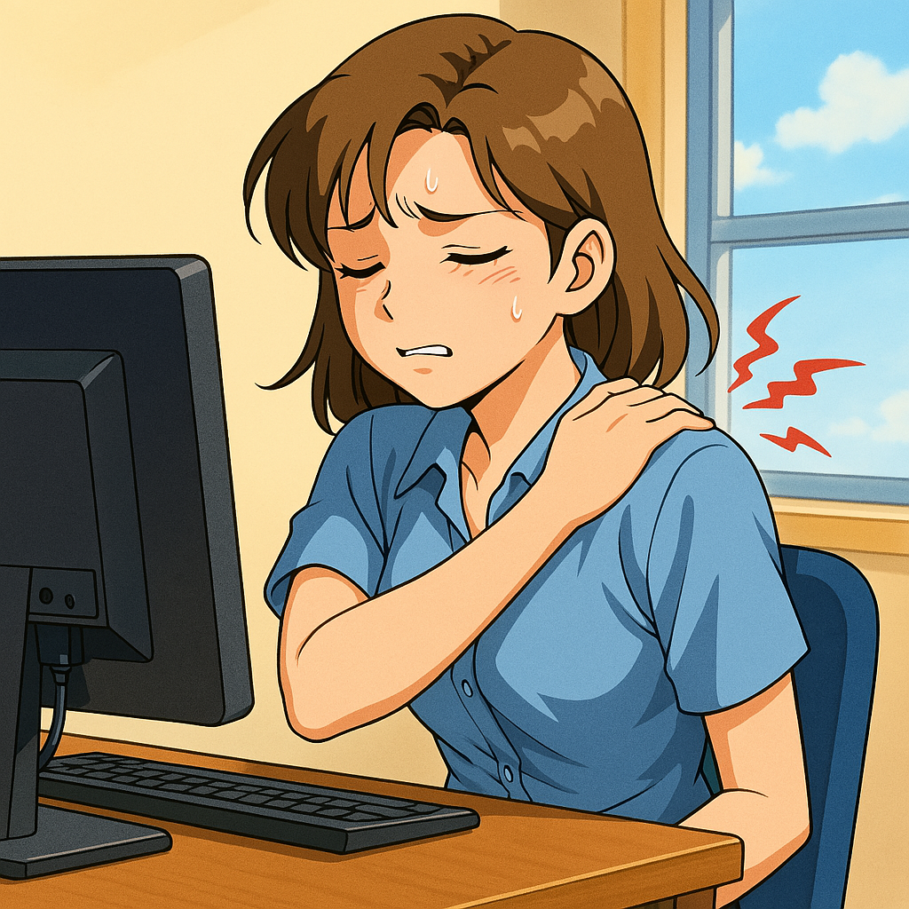 일을 하다가 어깨 통증을 호소하고 있는 여성