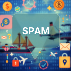 해외 직구 배송을 노린 관세미납 사기 이메일 시각화&amp;#44; 선박 아이콘과 스팸 메시지 강조