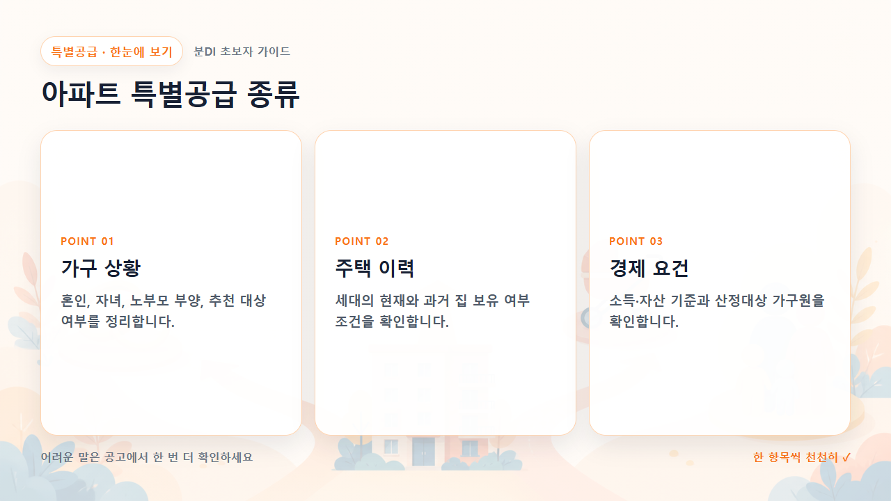 아파트 특별공급 종류 핵심을 세 칸으로 정리한 한눈에 보기