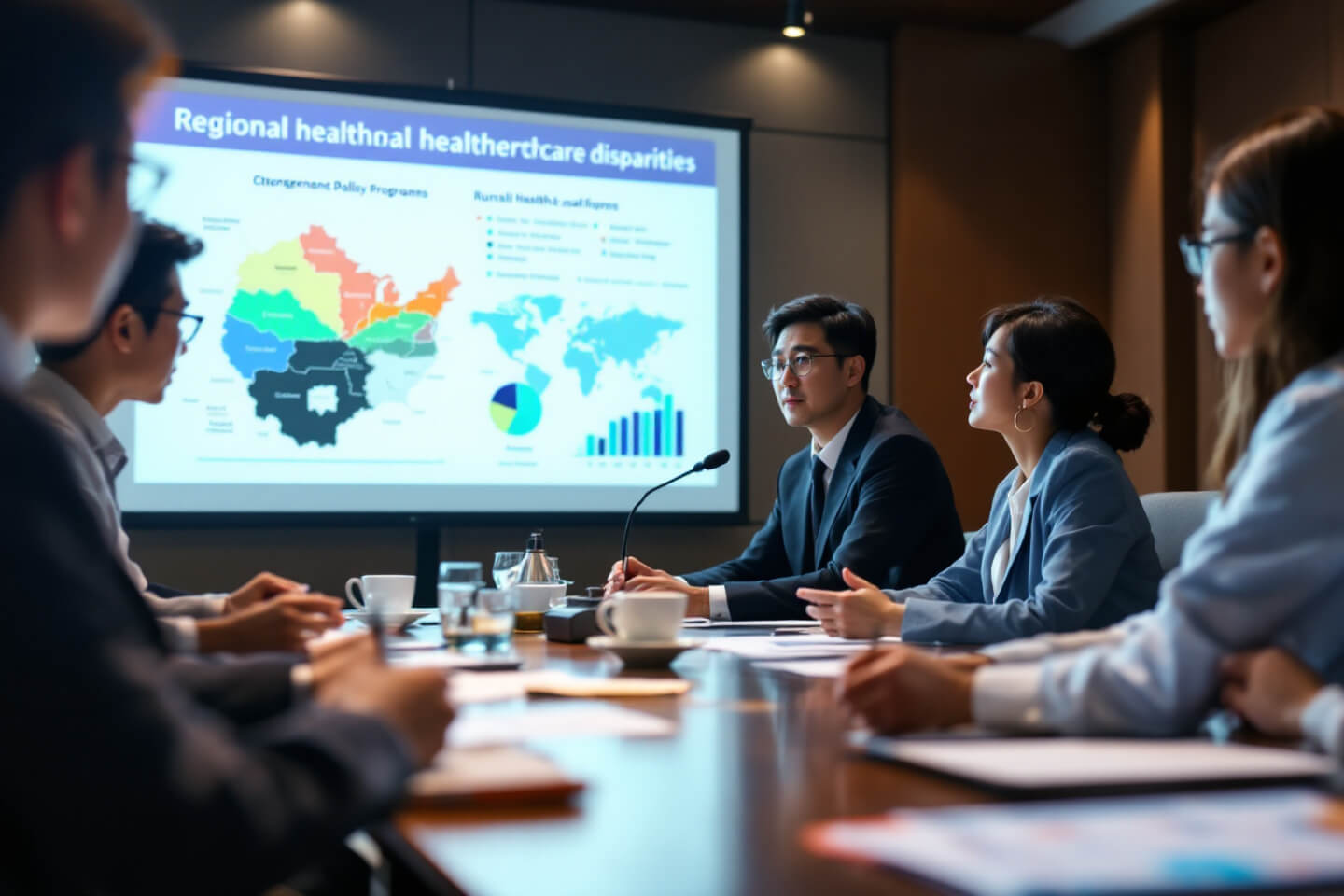 정부 회의실에서 의료 정책을 논의하는 공무원과 전문가들. 데이터 차트와 지역별 의료 인프라 지도 화면이 디스플레이에 표시된 모습