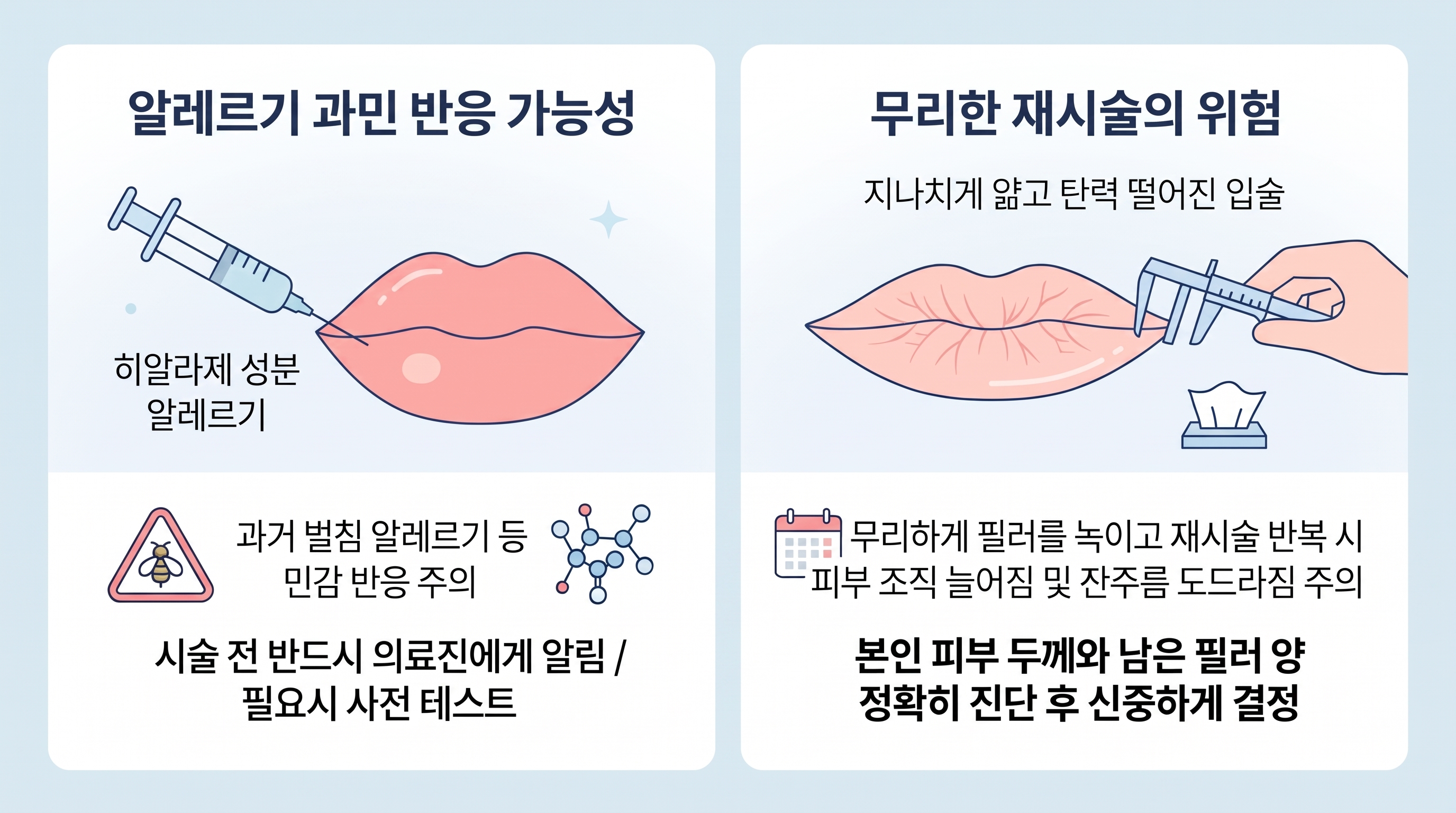 히알라제(효소 주사), 스테로이드 주사, 필러 재교정(추가 주입)을 비교하는 인포그래픽 표. 주요 용도, 작용 기전, 붓기 양상, 주의 대상 등 4가지 항목에 대해 각 시술의 차이점을 간결한 텍스트와 아이콘으로 정리함.