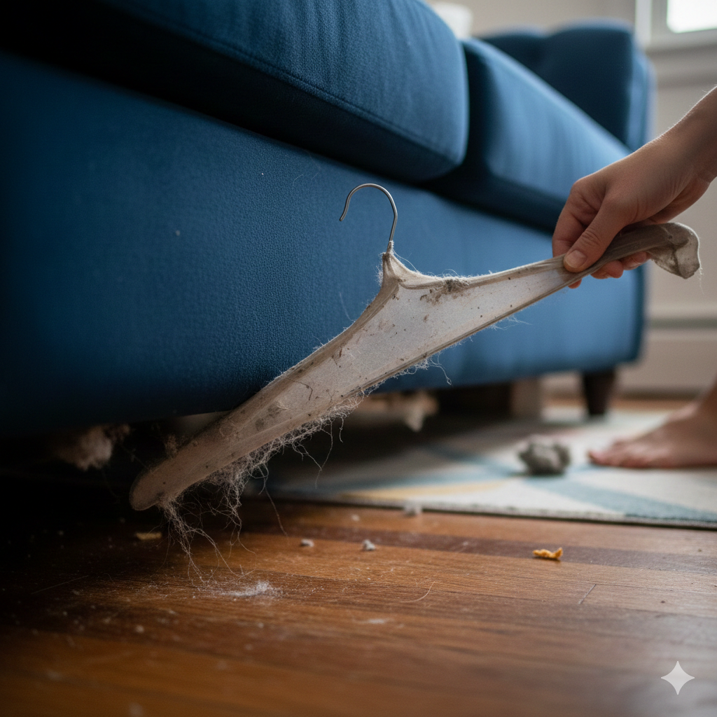 소파 아래 좁은 틈새에서 옷걸이와 스타킹을 결합한 도구로 커다란 먼지 뭉치와 머리카락을 한꺼번에 끌어내어 제거하는 실제 청소 모습이에요. 시각적으로 강조된 먼지의 흡착 상태가 정전기 청소법의 효과를 실감 나게 보여줘요.