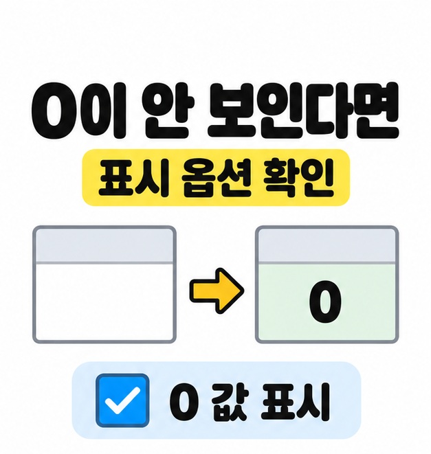 빈 셀에서 숫자 0이 보이는 셀로 화살표가 이어지고 0 값 표시 설정을 체크하도록 안내한 그림